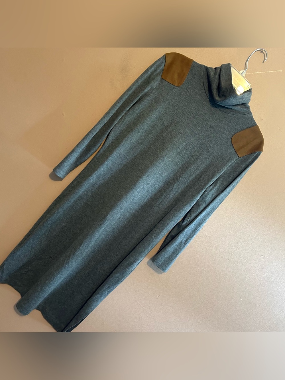Polo Ralph Lauren Midi Dress Wool / Leather Suede Shoulder Patches Turtleneck L